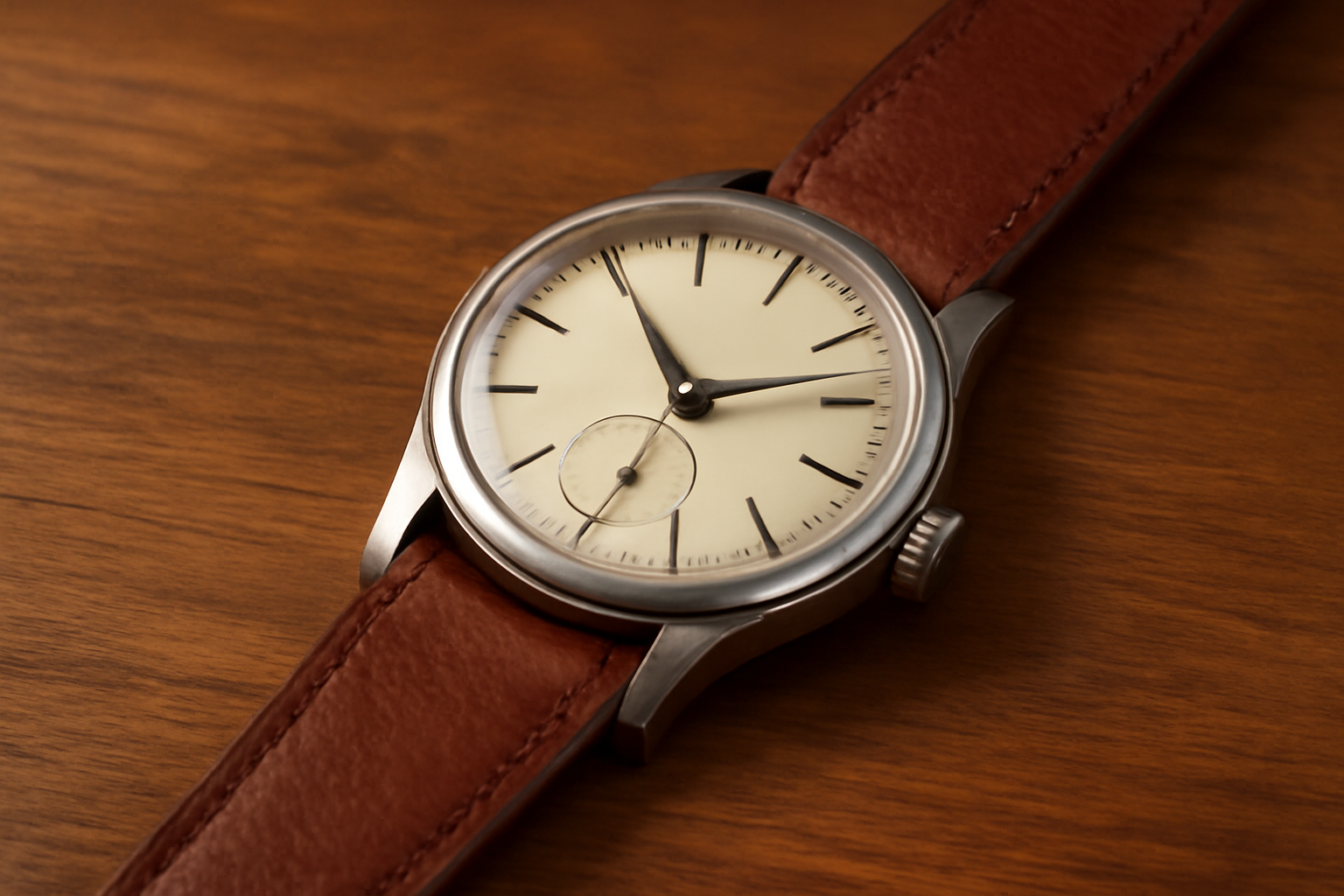 montre à bracelet cuir posée sur table en bois
