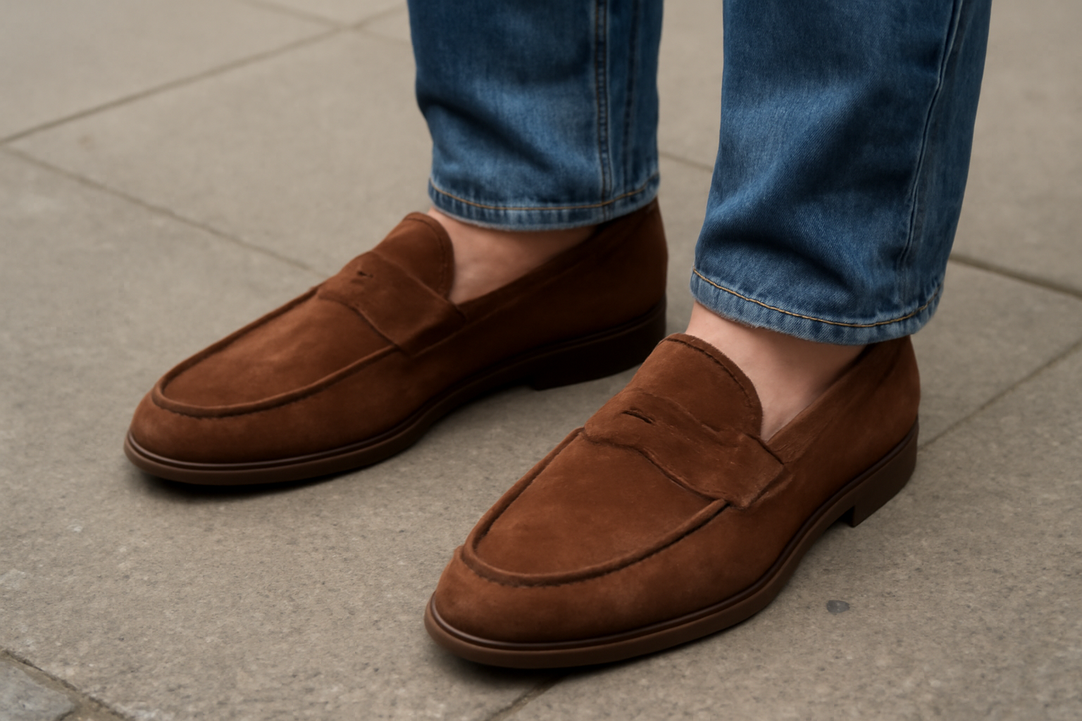 mocassins portés par personne sur trottoir