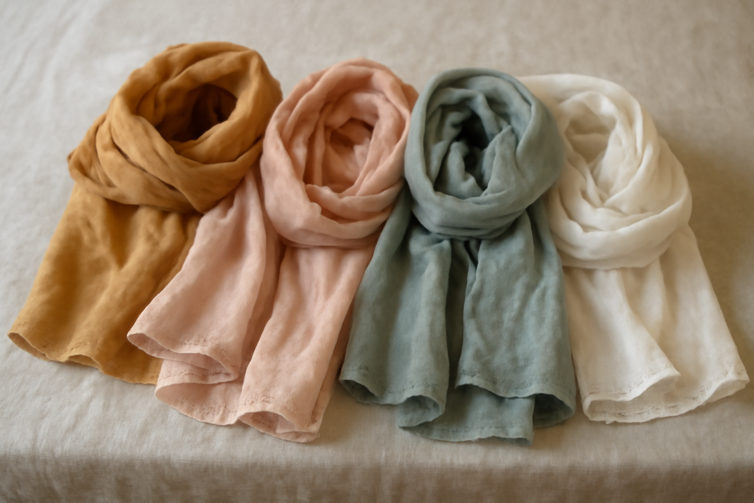 foulards légers posés sur table en lin