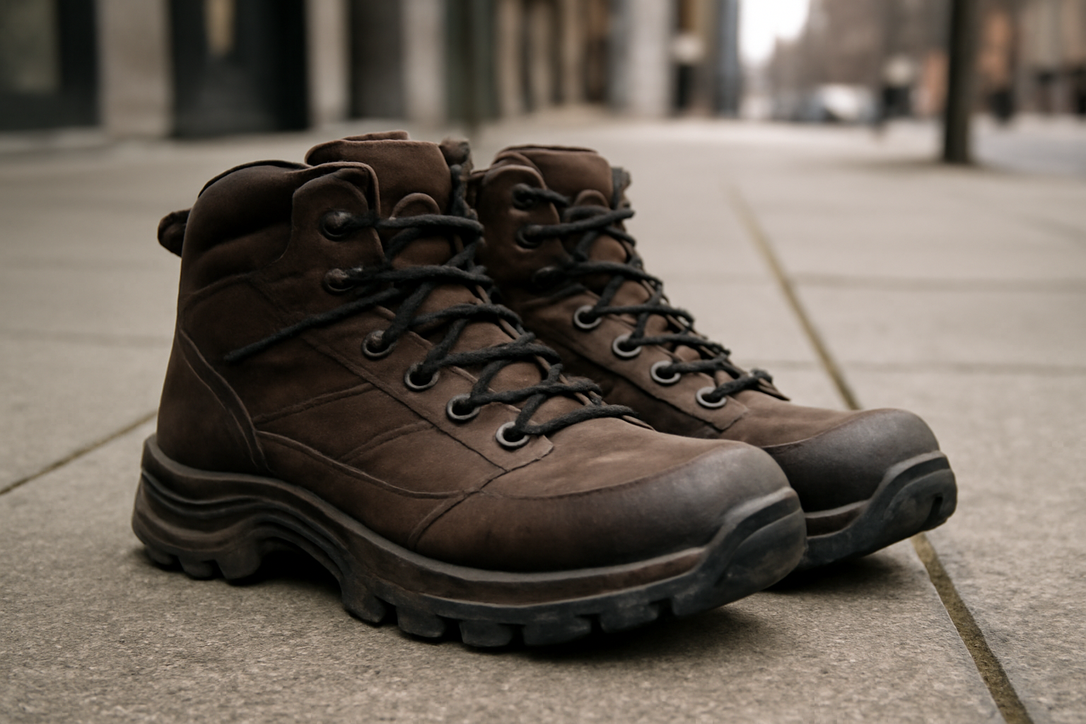 chaussures de marche robustes posées sur trottoir urbain