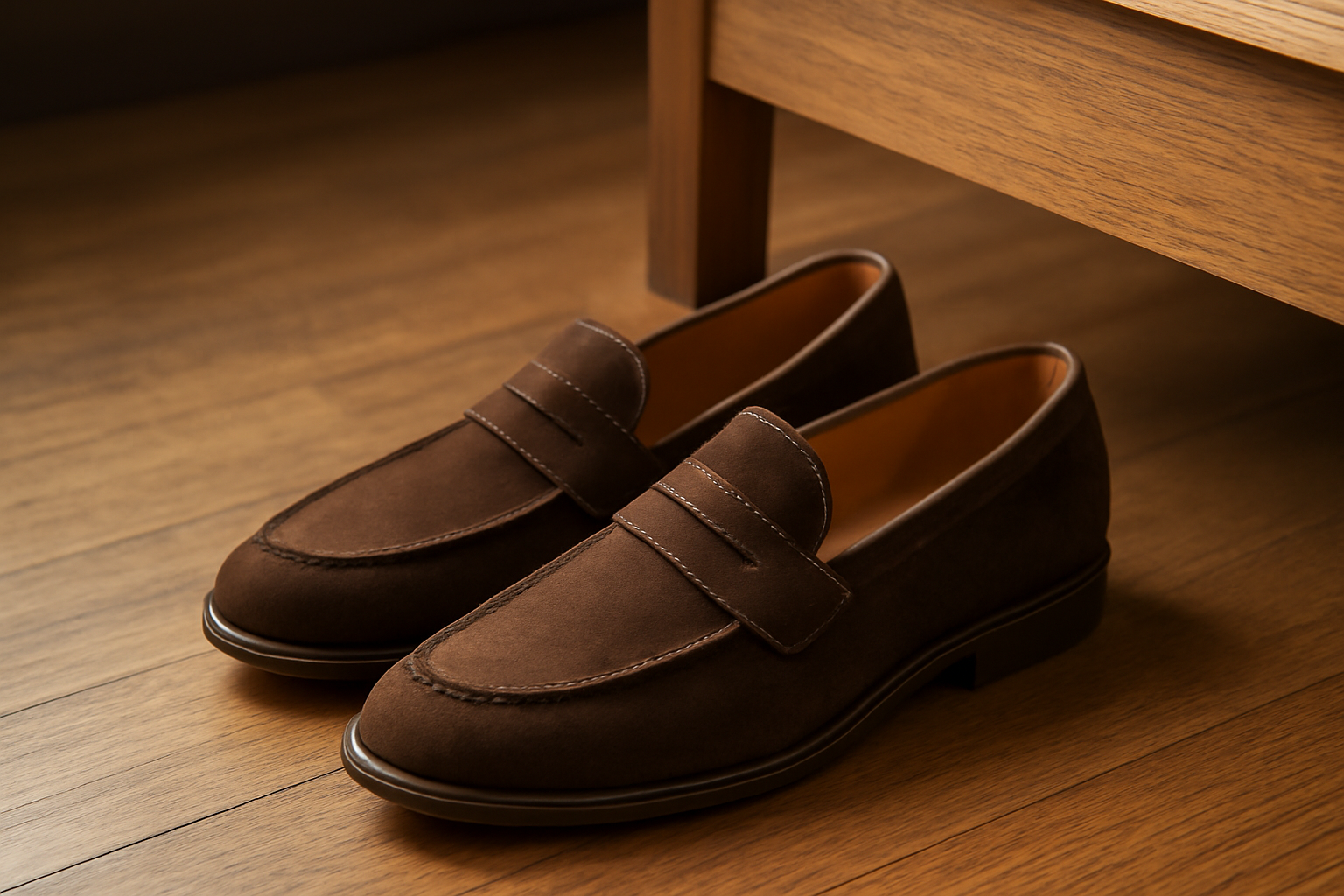 mocassins posés près d'un bureau en bois