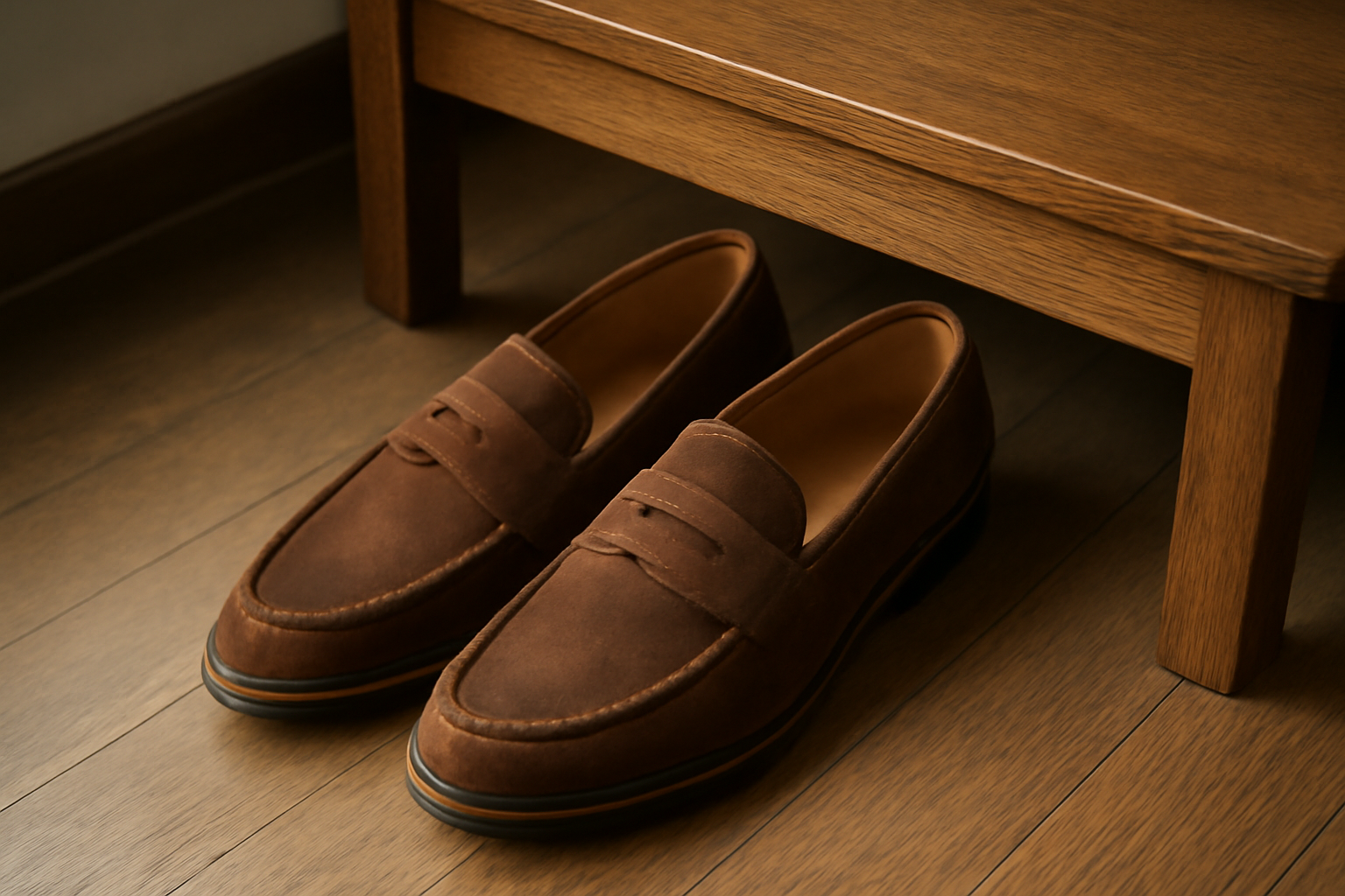 mocassins posés près d'un bureau en bois
