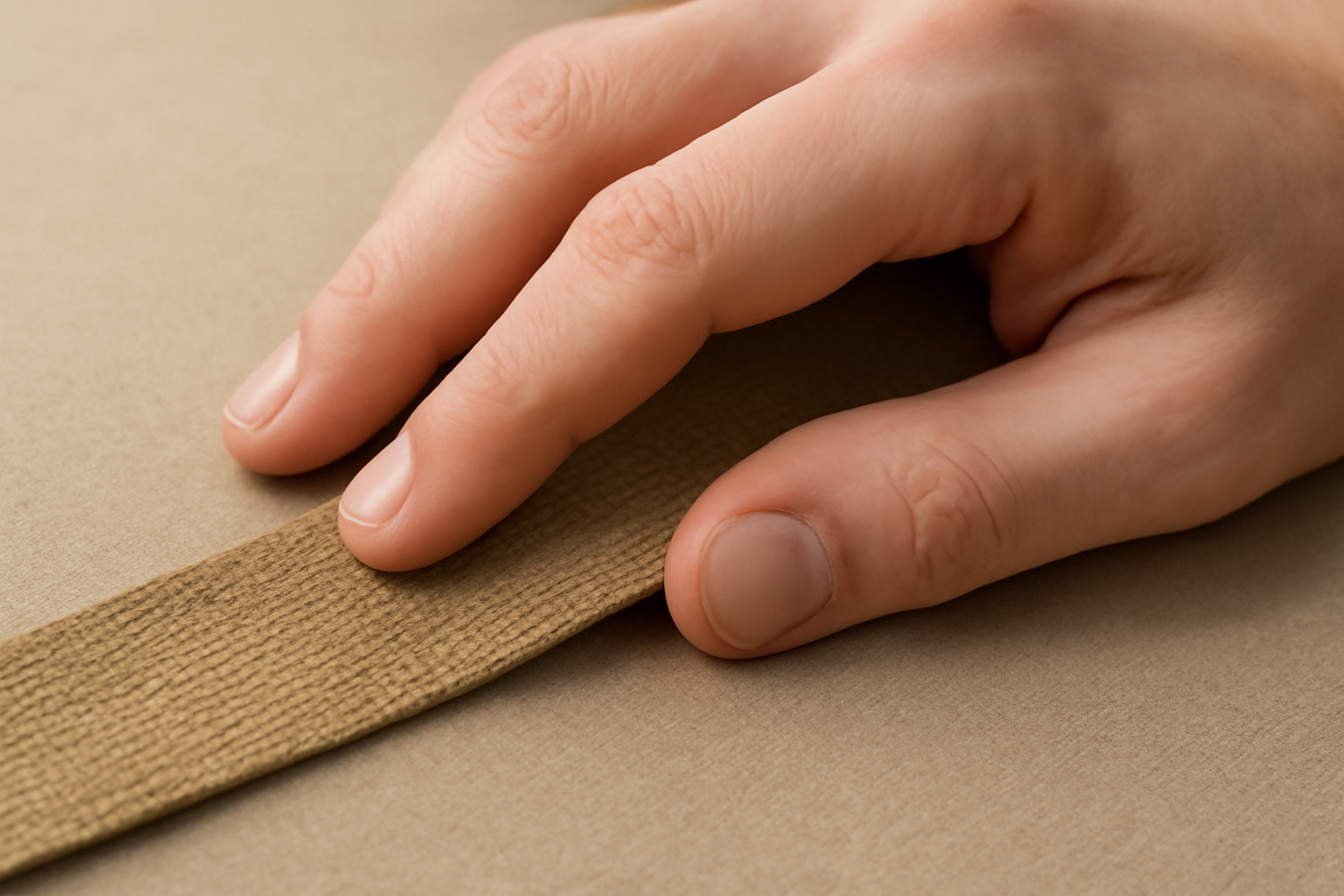 main frottant doucement une sangle textile
