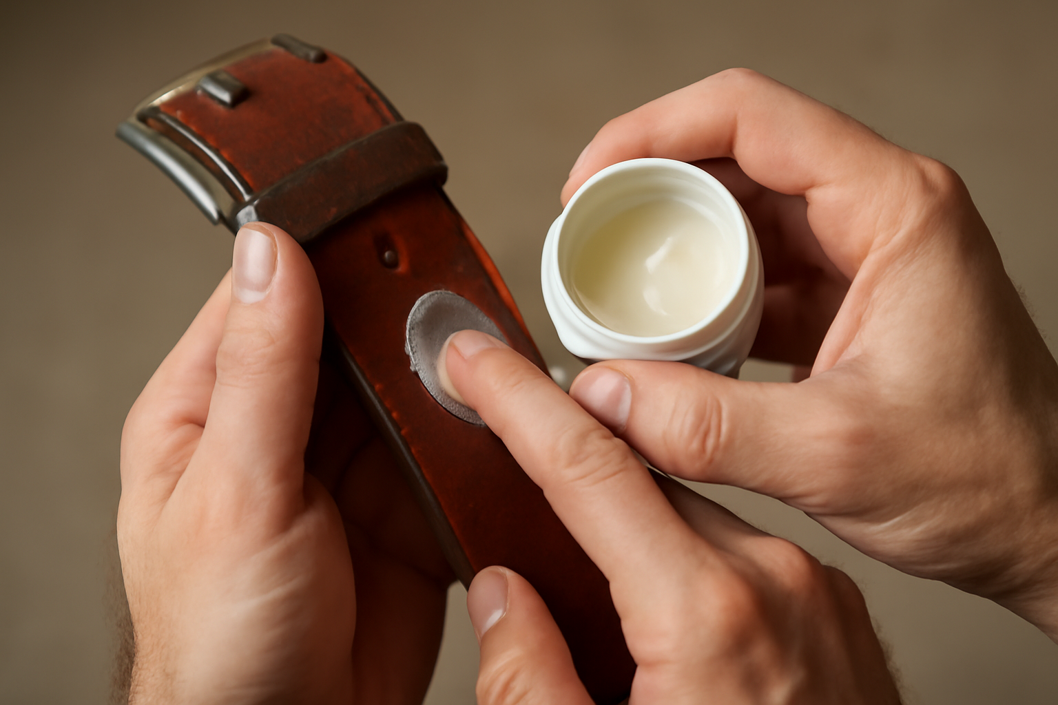 mains appliquant crème sur ceinture en cuir