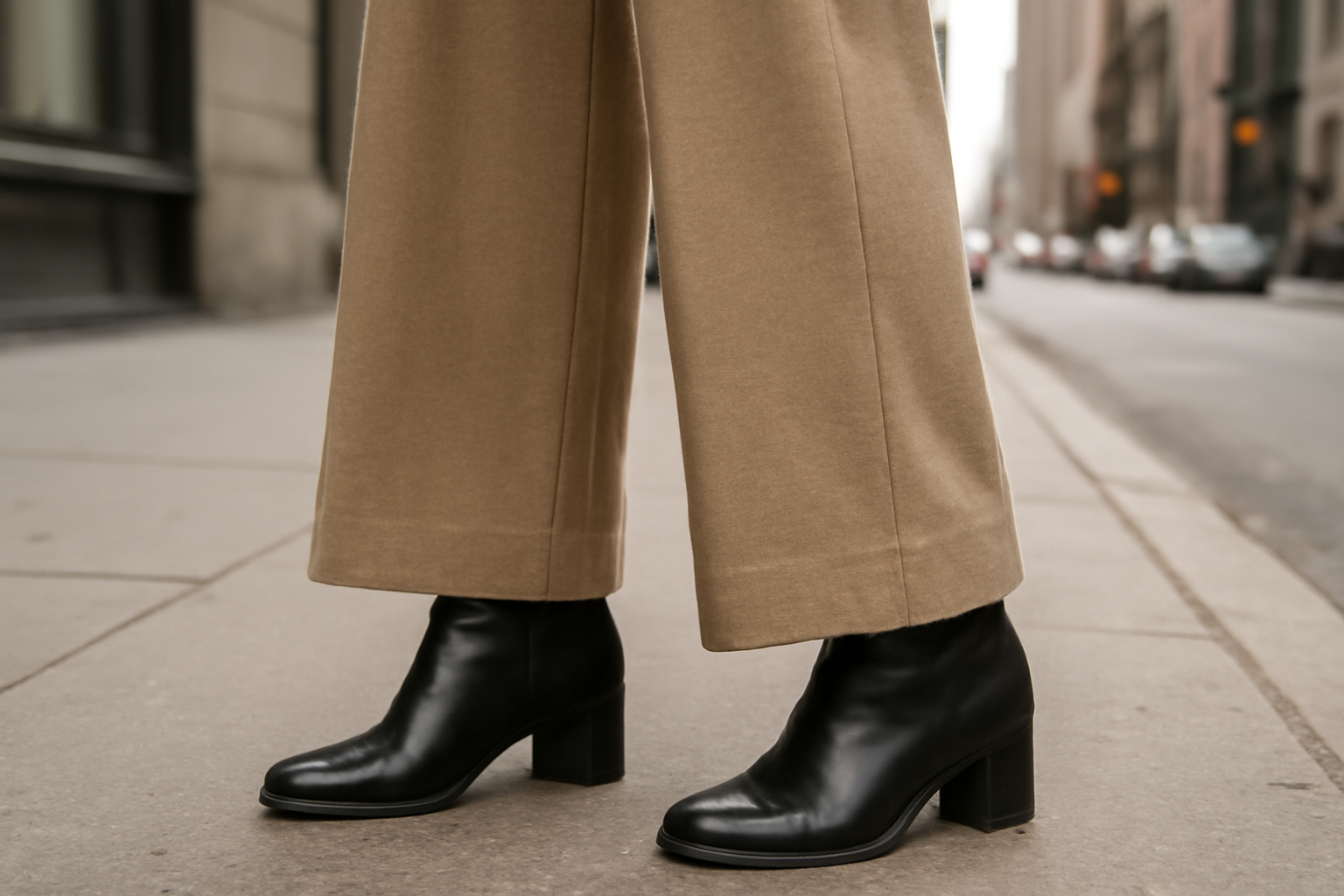 bas de pantalon large tombant sur bottines en ville