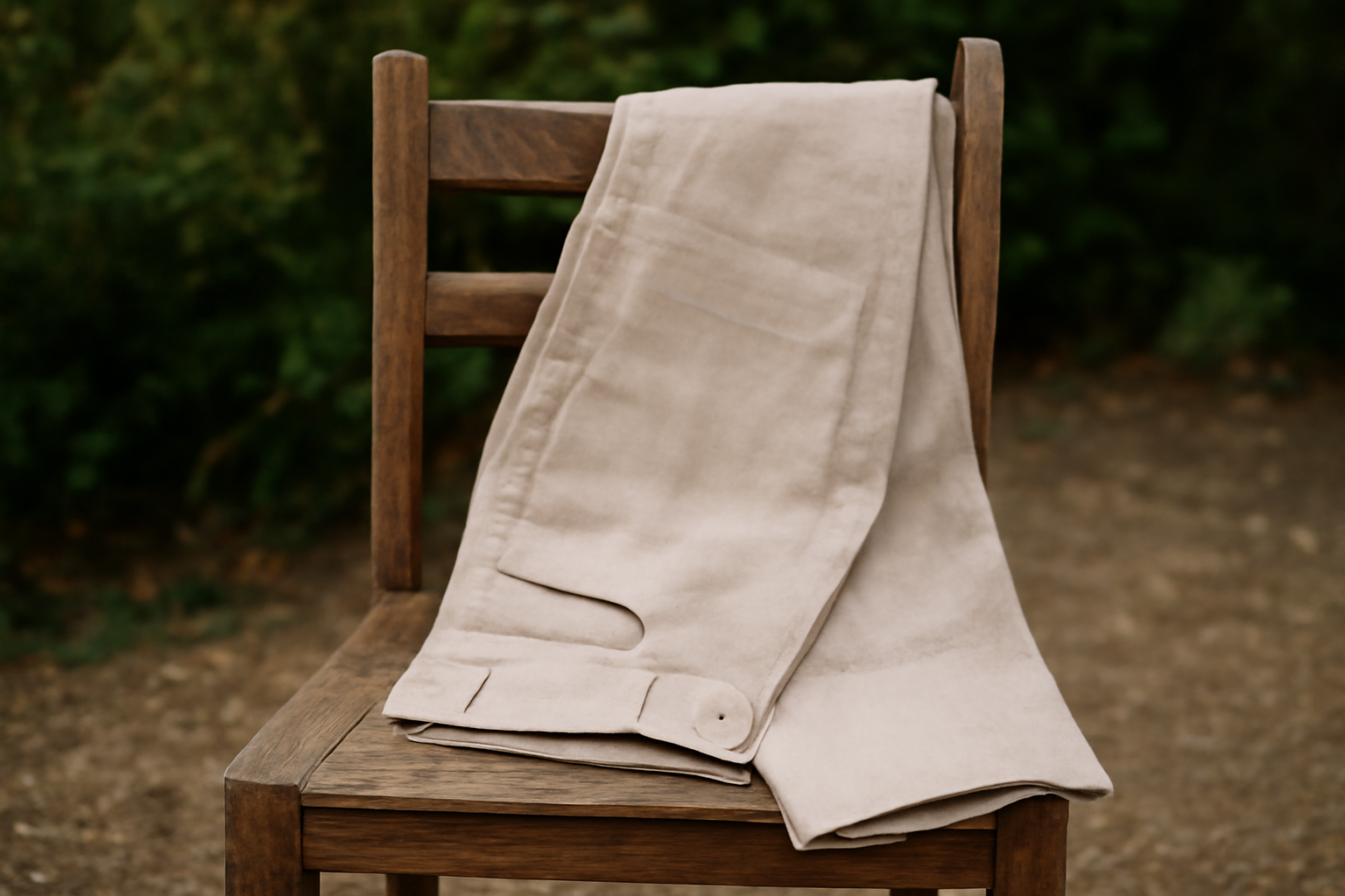pantalon en lin posé sur chaise extérieure