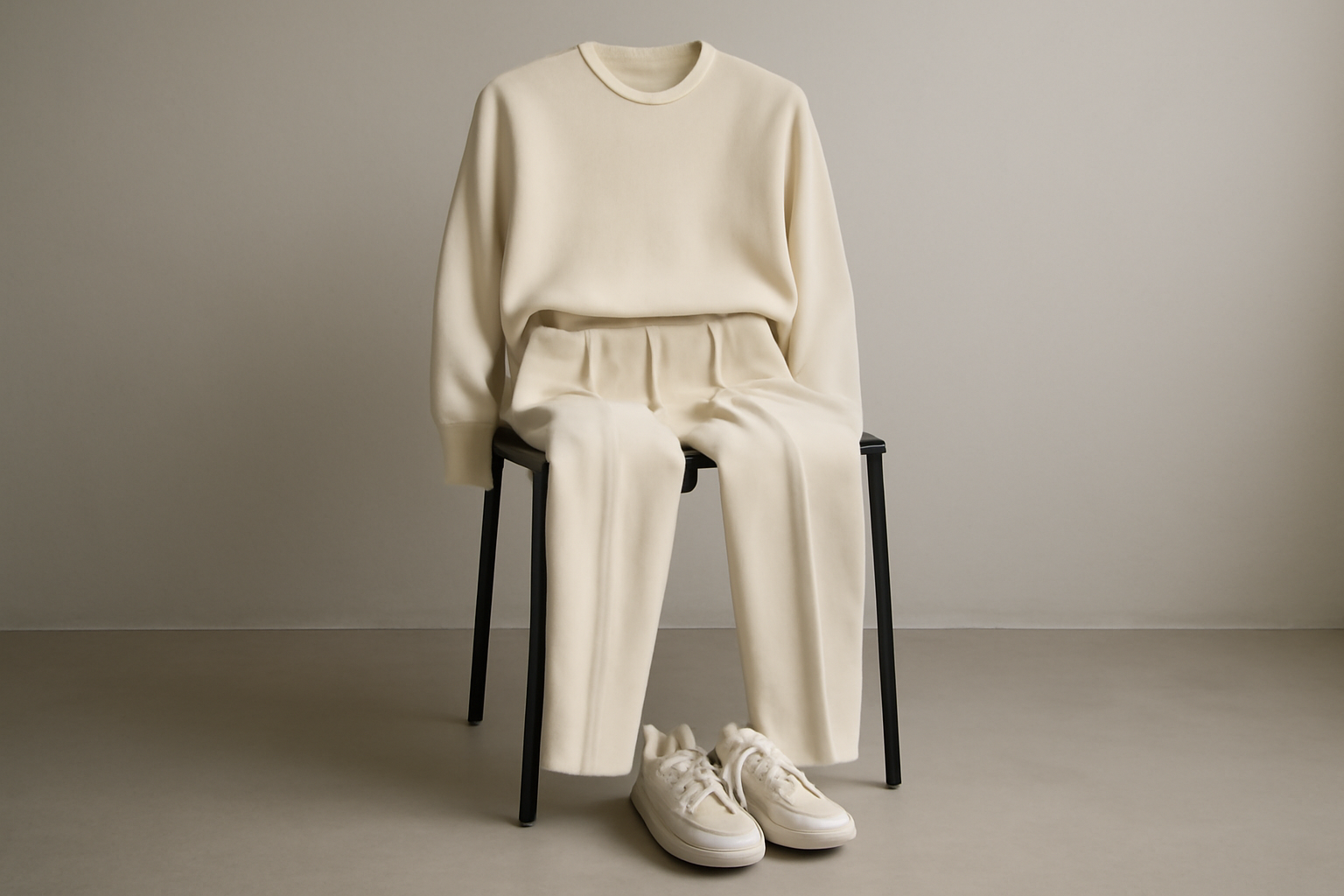 tenue monochrome posée sur chaise minimaliste