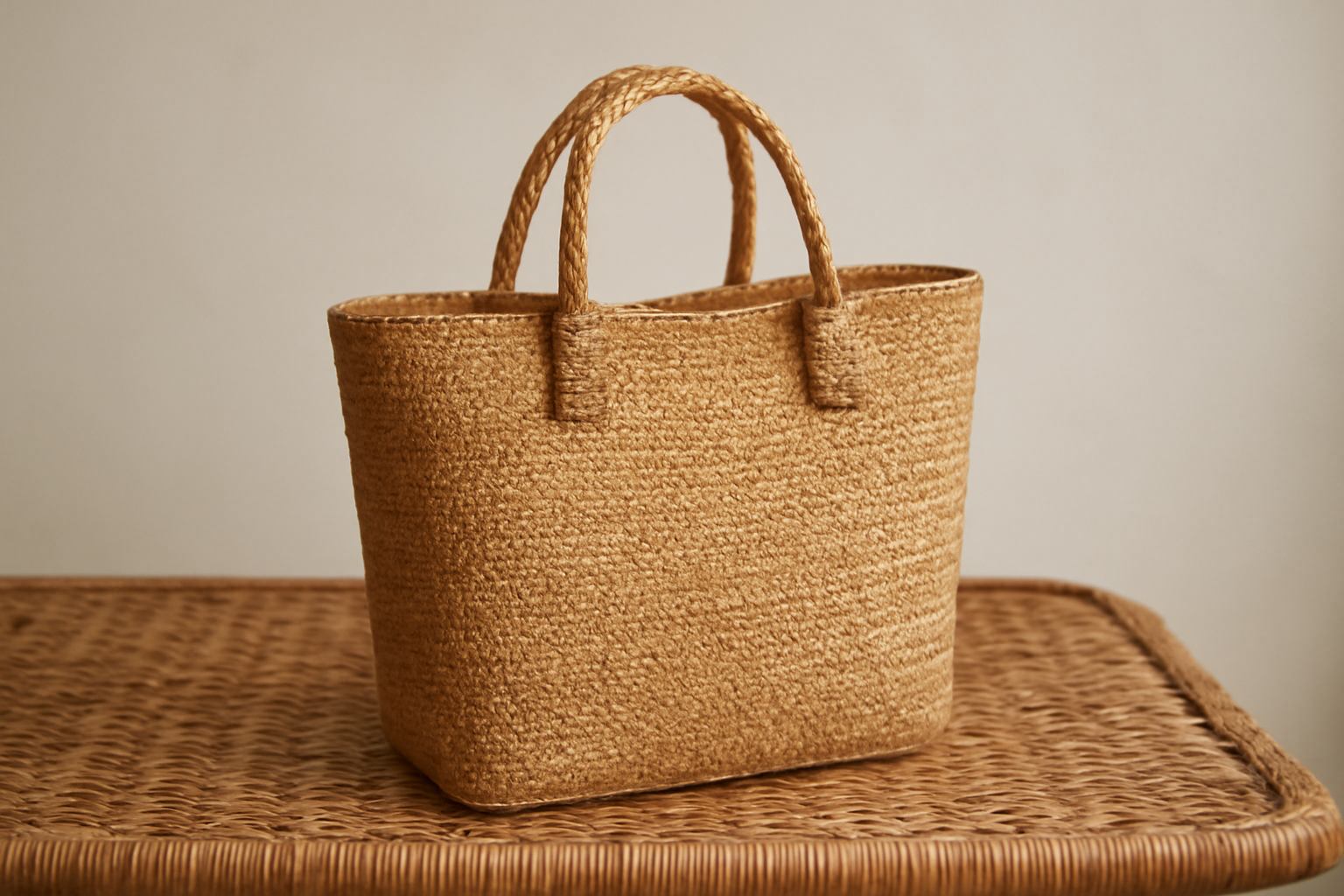 sac en raphia posé sur table en osier