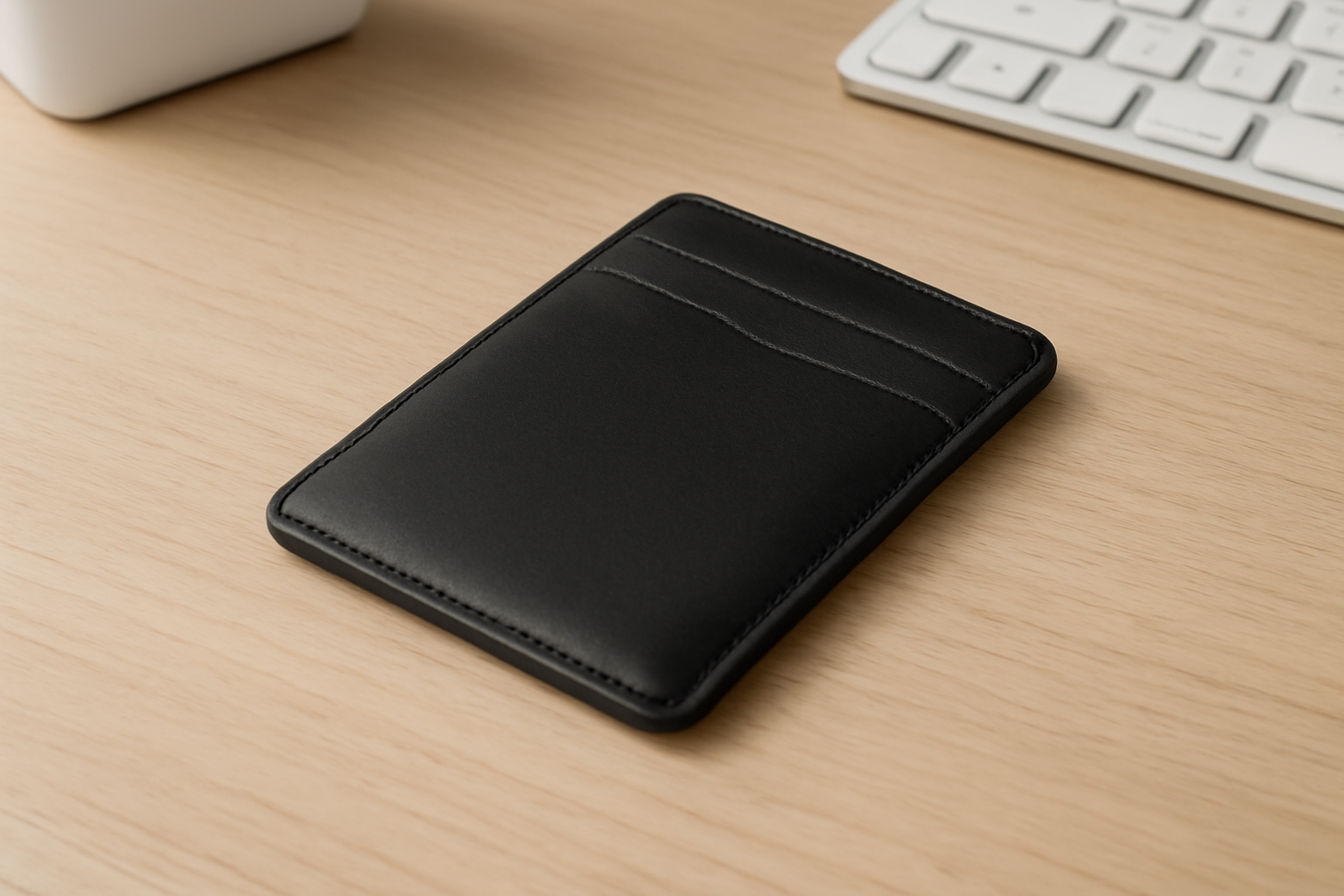 porte-cartes fin posé sur un bureau clair