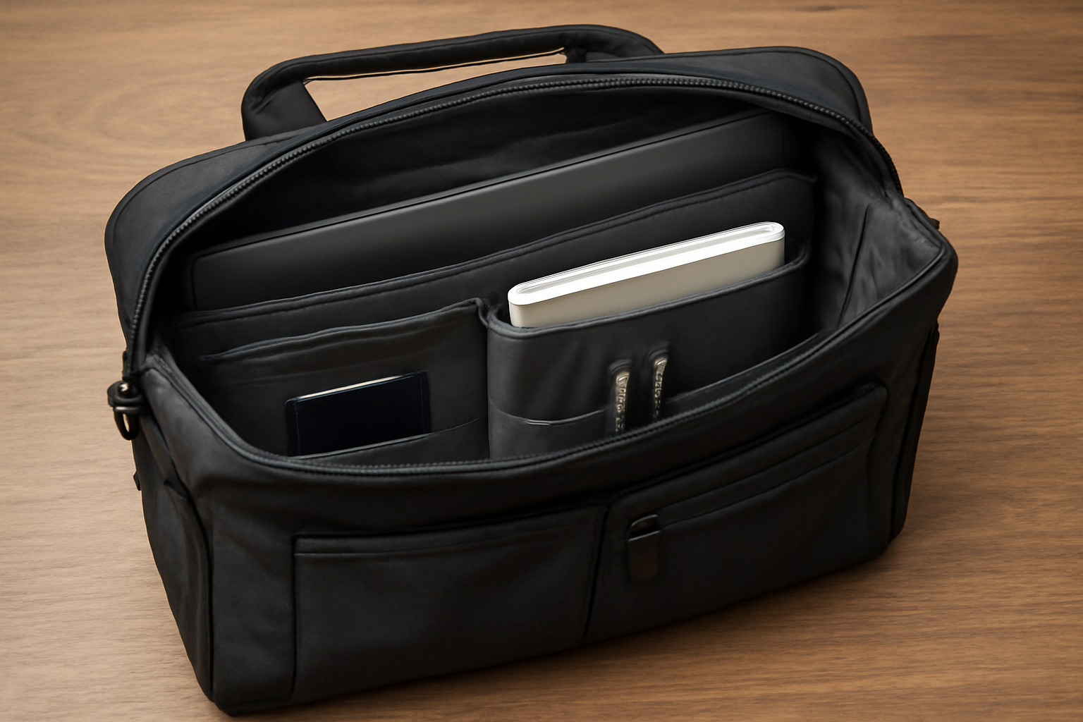 sac de travail ouvert avec compartiments visibles