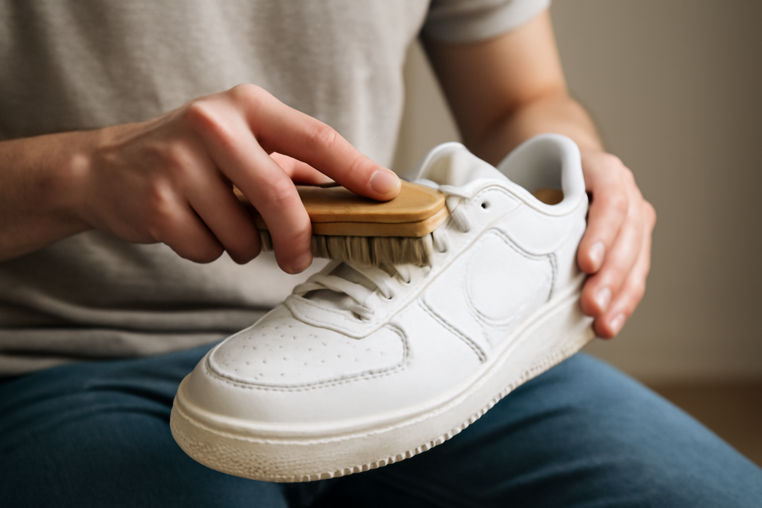 personne brossant doucement des baskets blanches