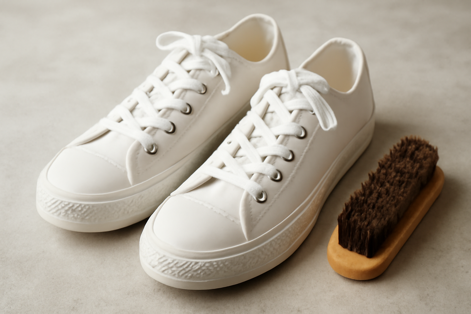 chaussures blanches sur toile et brosse