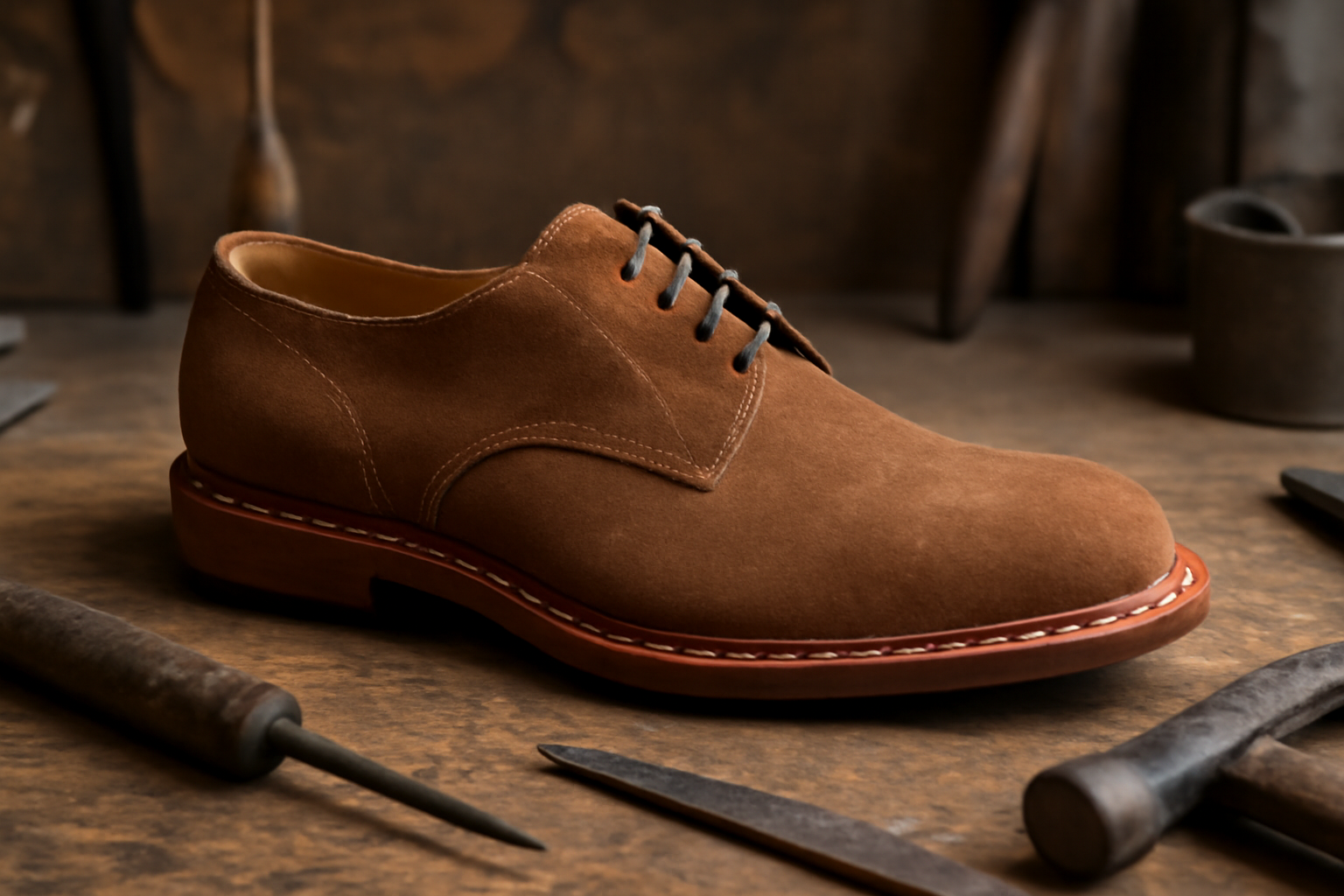 chaussure posée sur établi avec outils