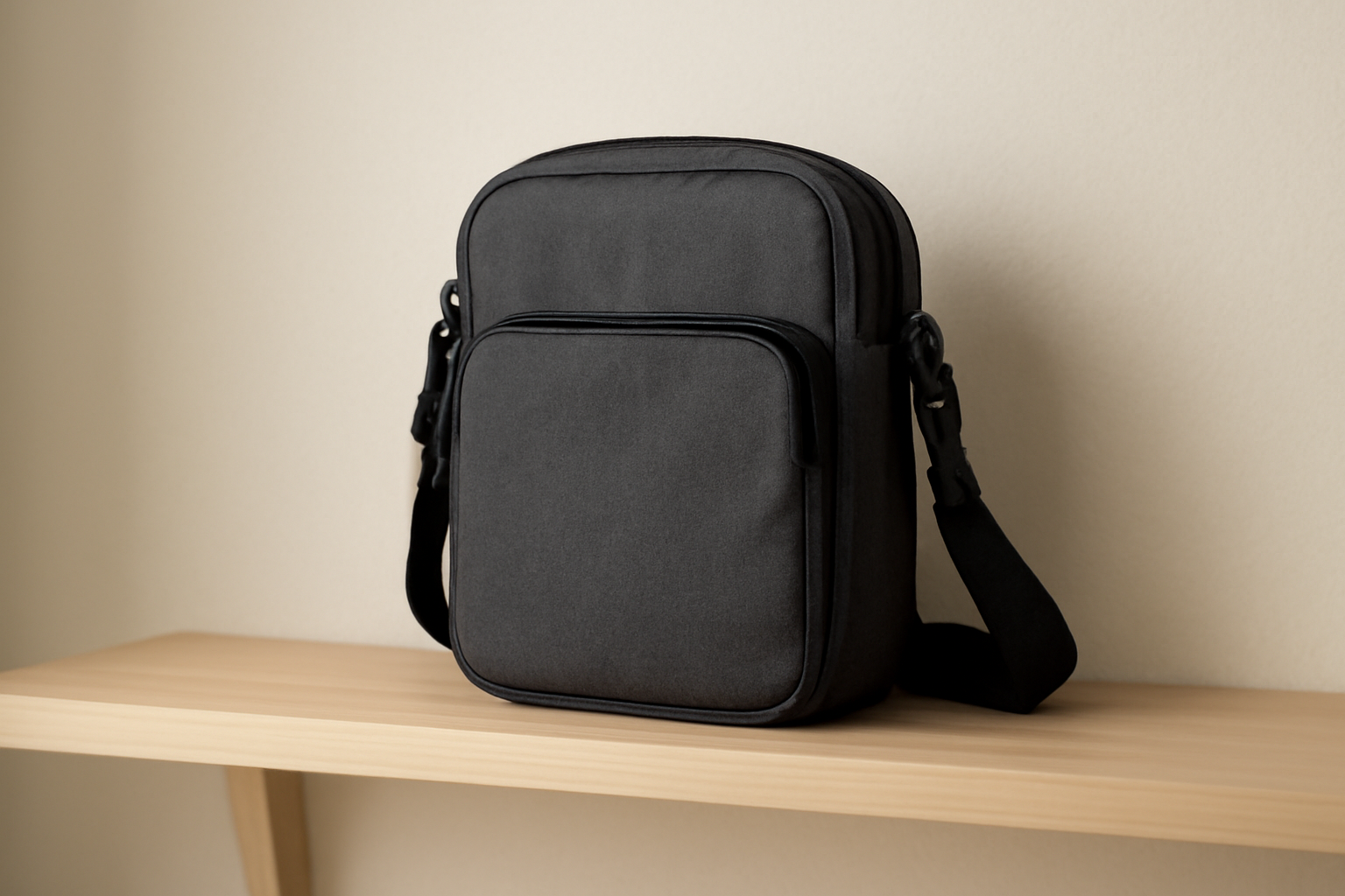 sac compact posé sur étagère minimaliste
