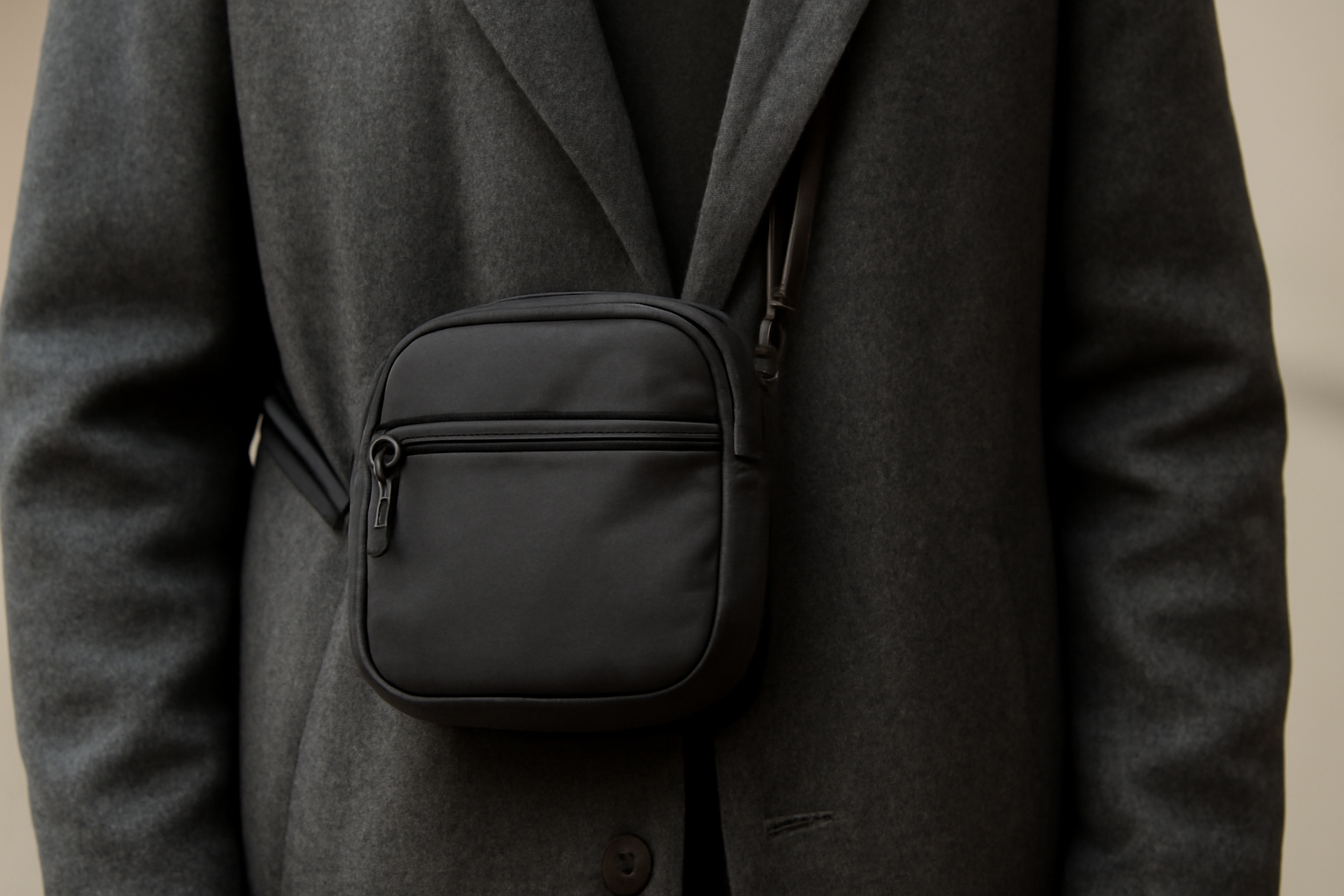 sac compact glissé sous un manteau long