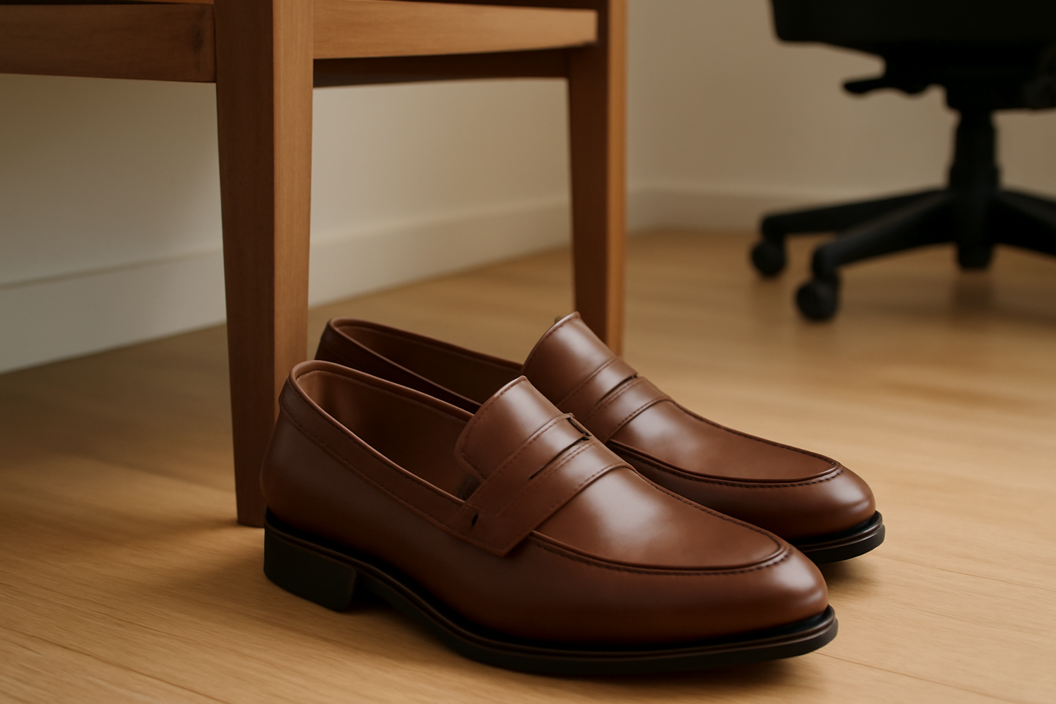mocassins élégants posés près d'un bureau