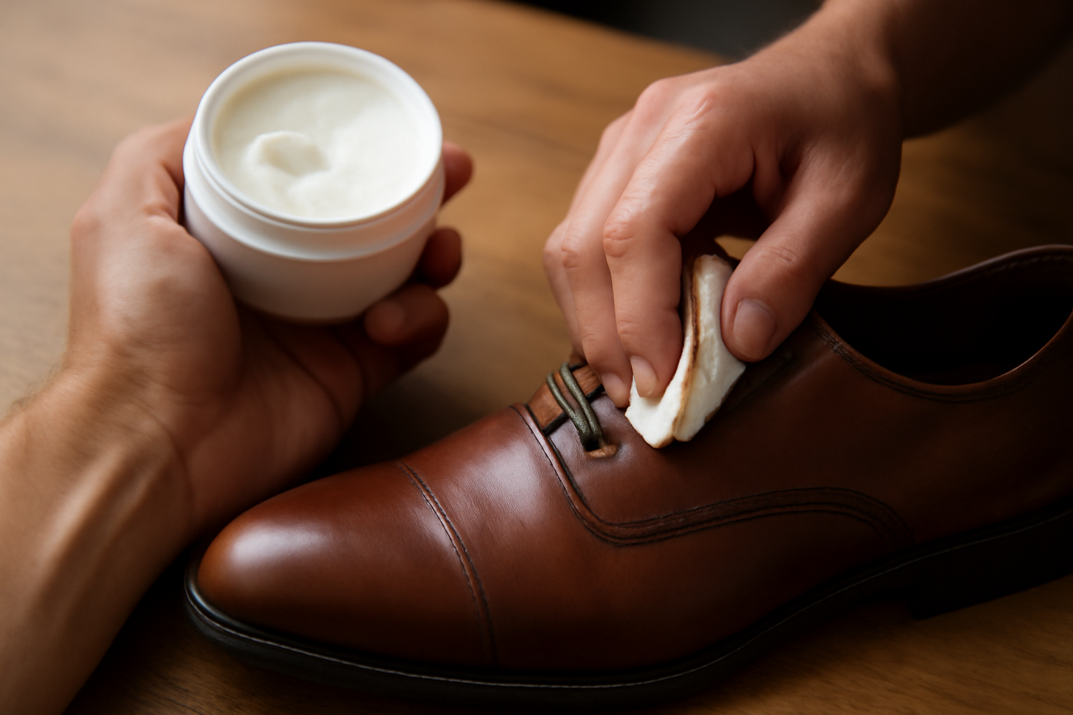 mains appliquant crème sur cuir d'une chaussure