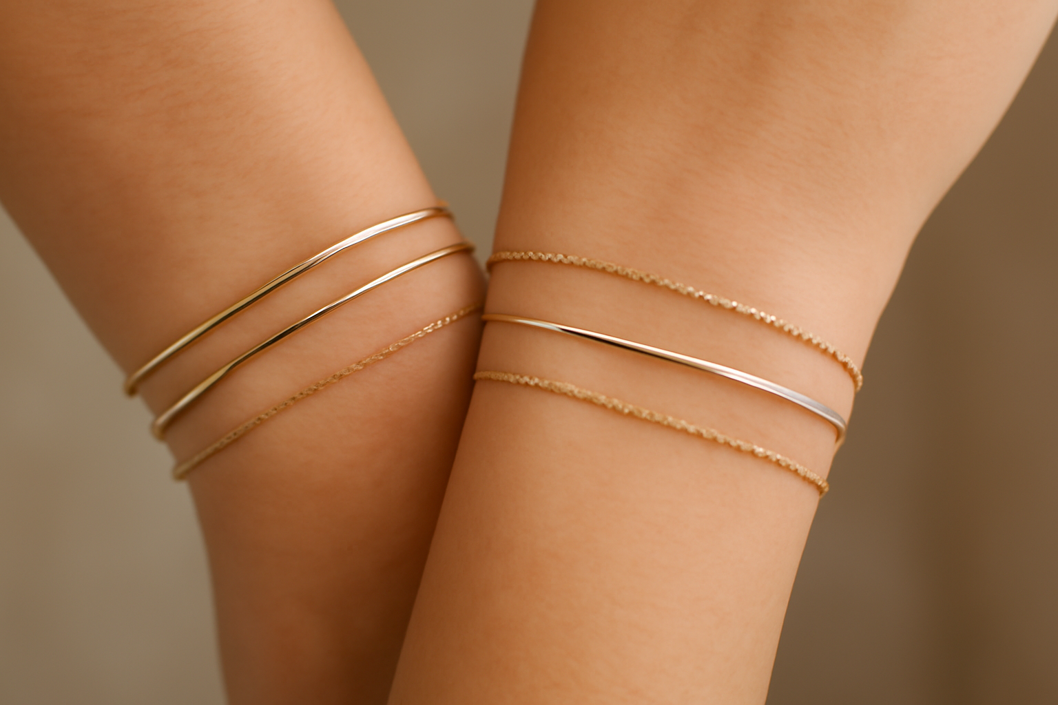 poignets portant bracelets fins superposés