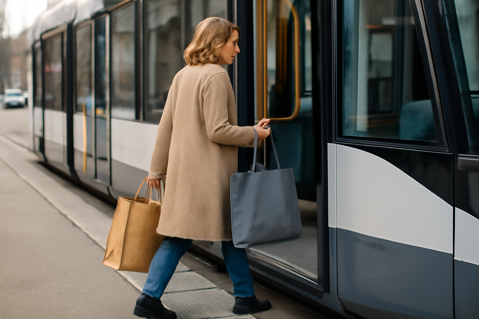 personne montant dans un tram avec sacs