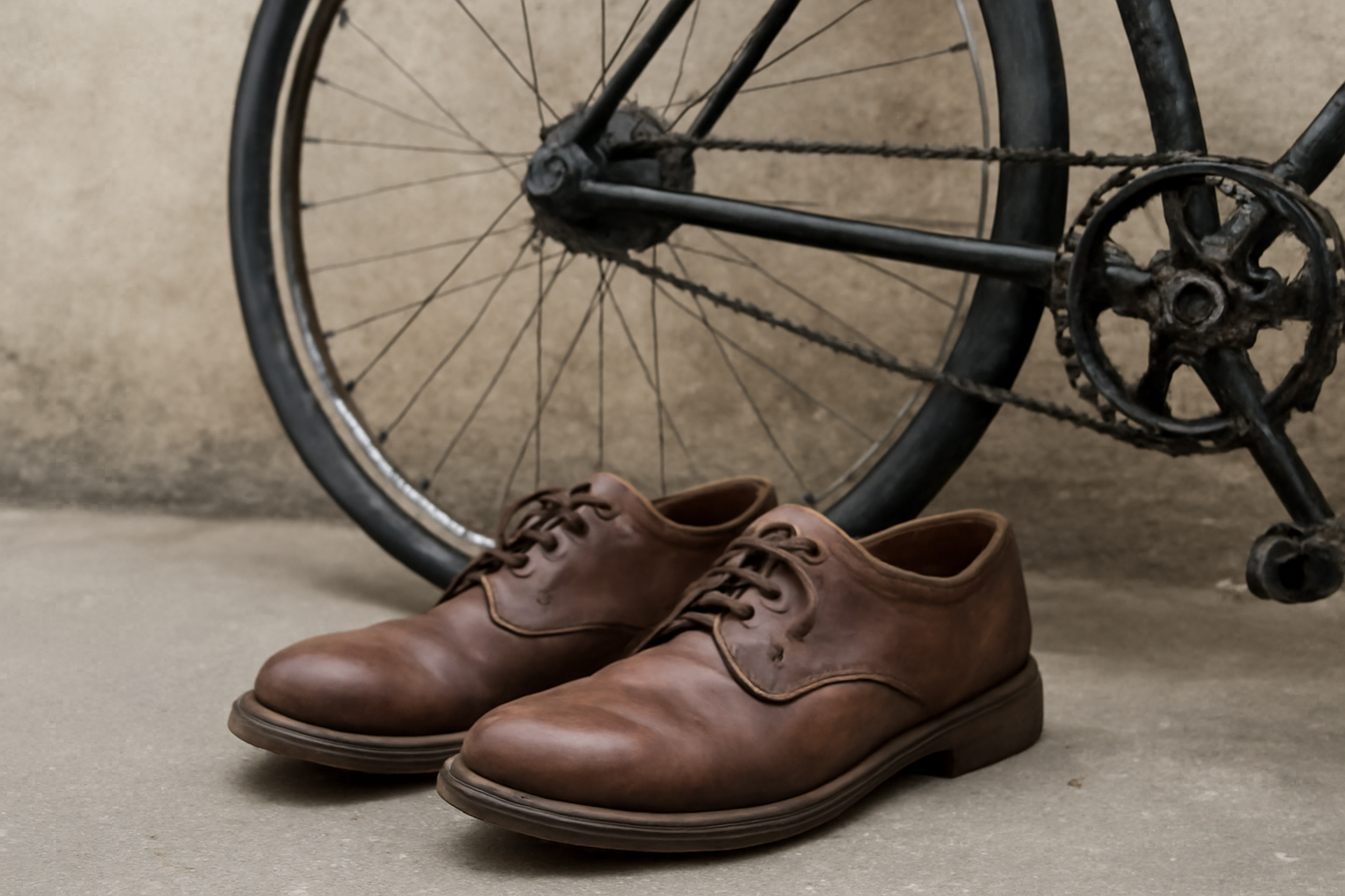 chaussures posées près d'un vélo contre un mur