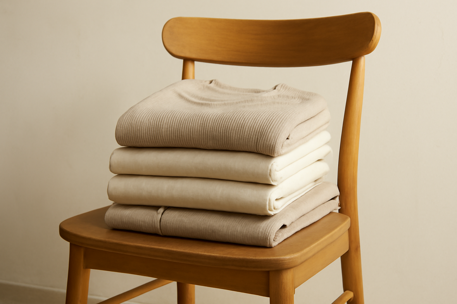 vetements neutres empiles sur une chaise
