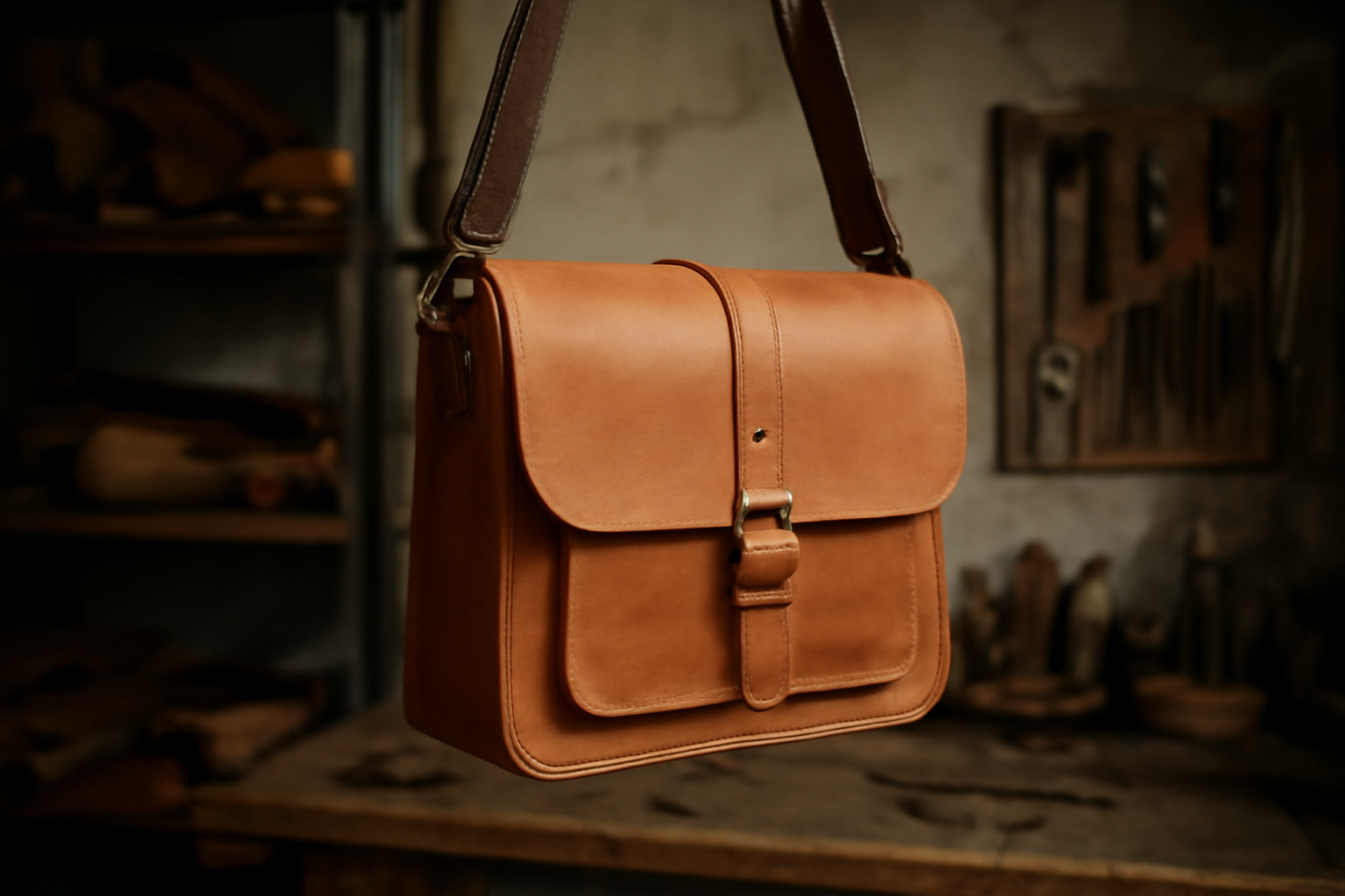 sac artisanal suspendu dans un atelier