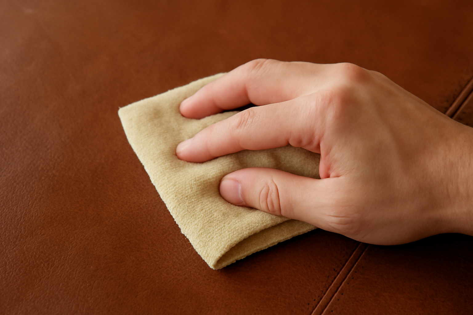 main passant un chiffon sur une pièce en cuir