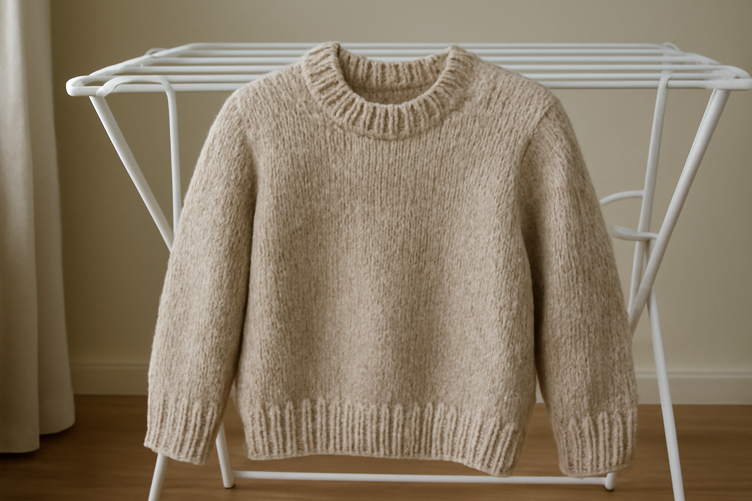 pull en laine etendu sur sechoir domestique