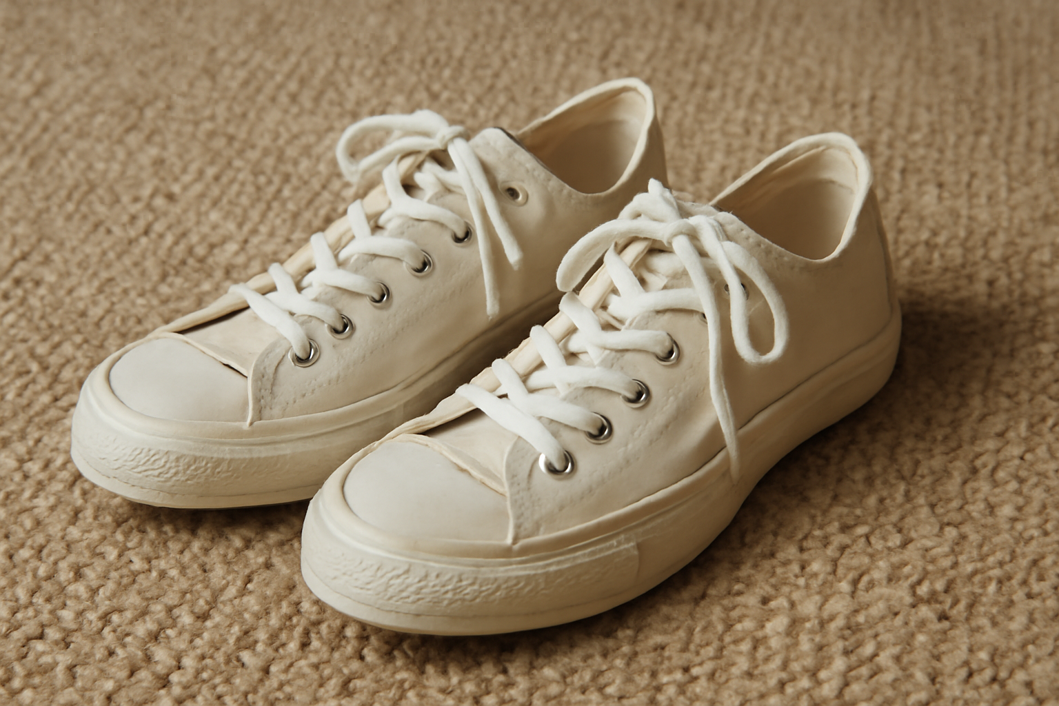 paire de baskets en toile posée sur un tapis