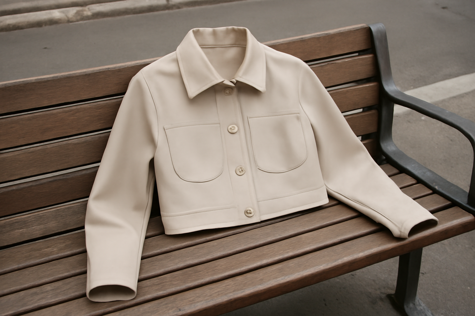 veste courte posée sur un banc urbain