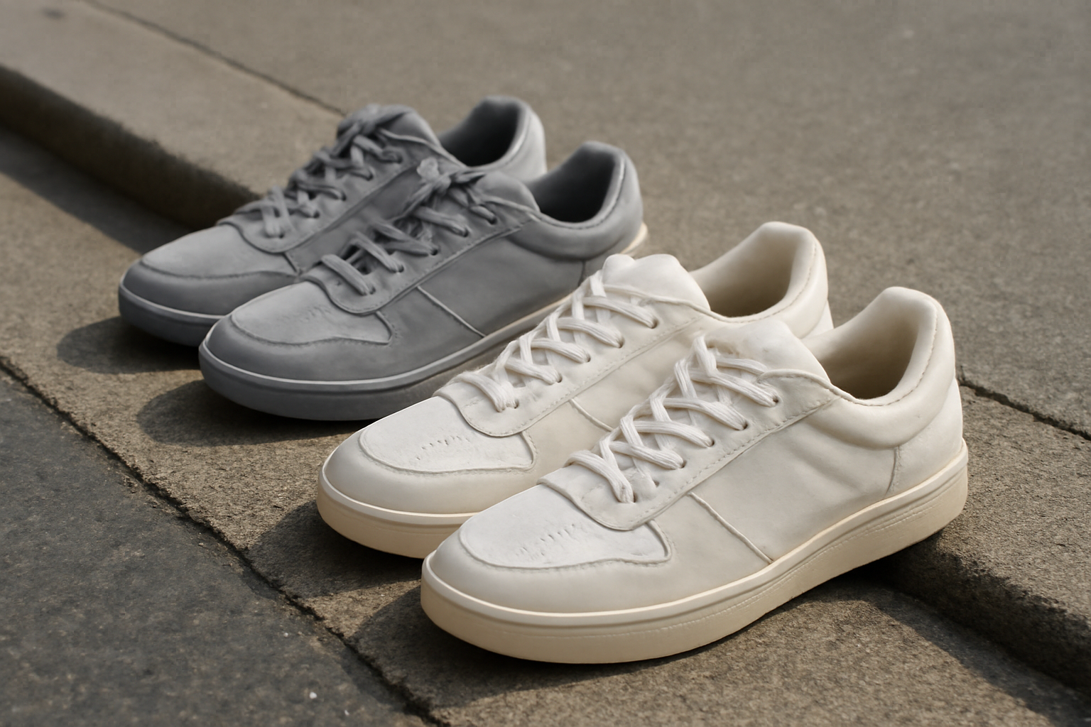 deux paires de baskets posées sur un trottoir