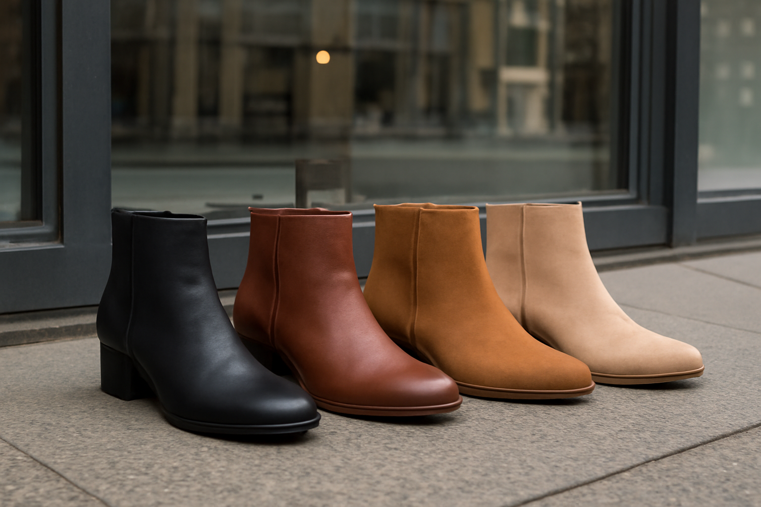bottines alignees devant une vitrine urbaine