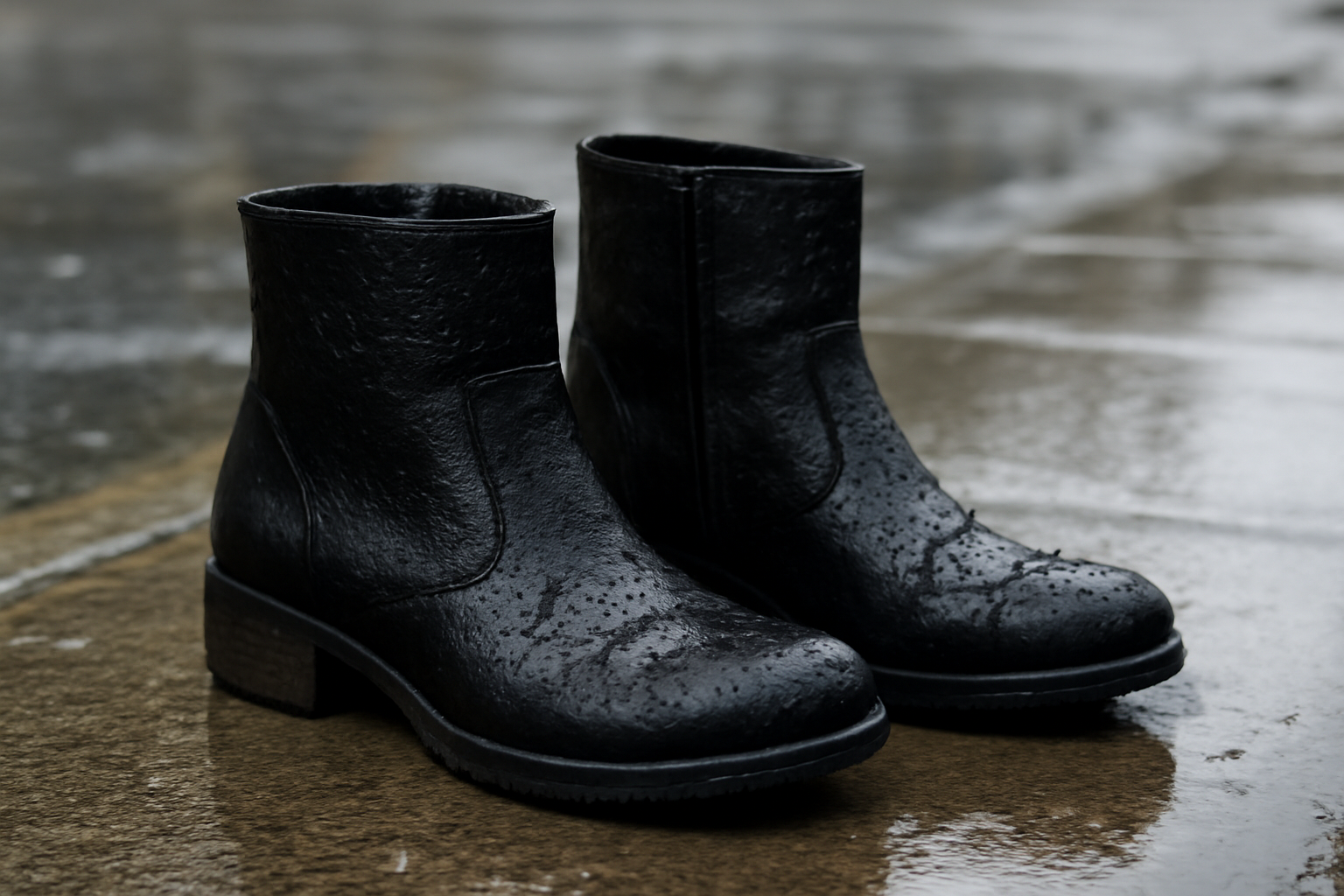 bottines mouillees posees sur trottoir humide