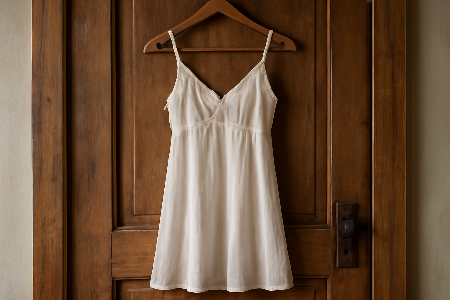 robe legere pandue sur porte en bois