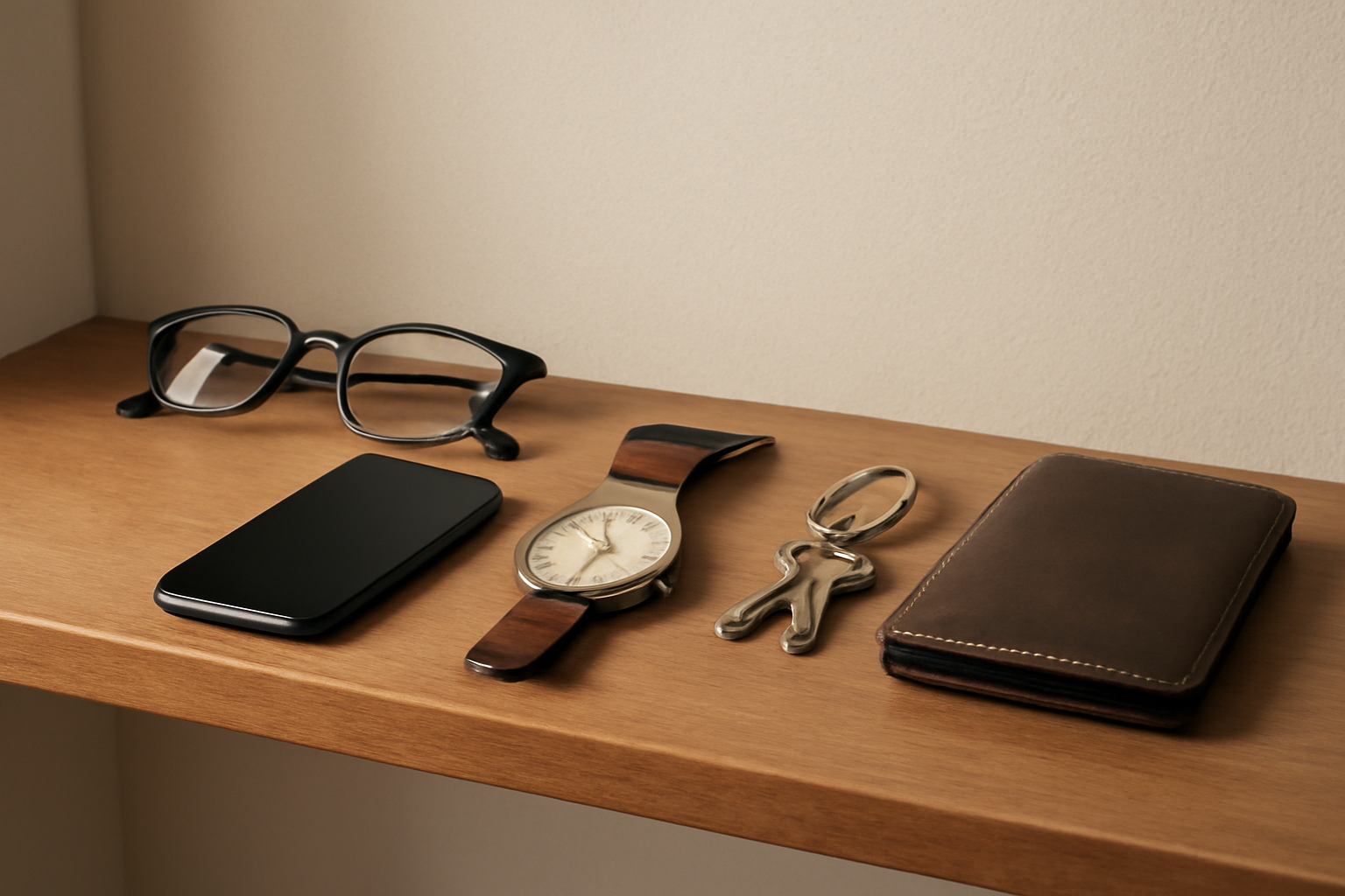 accessoires quotidiens posés sur une étagère simple