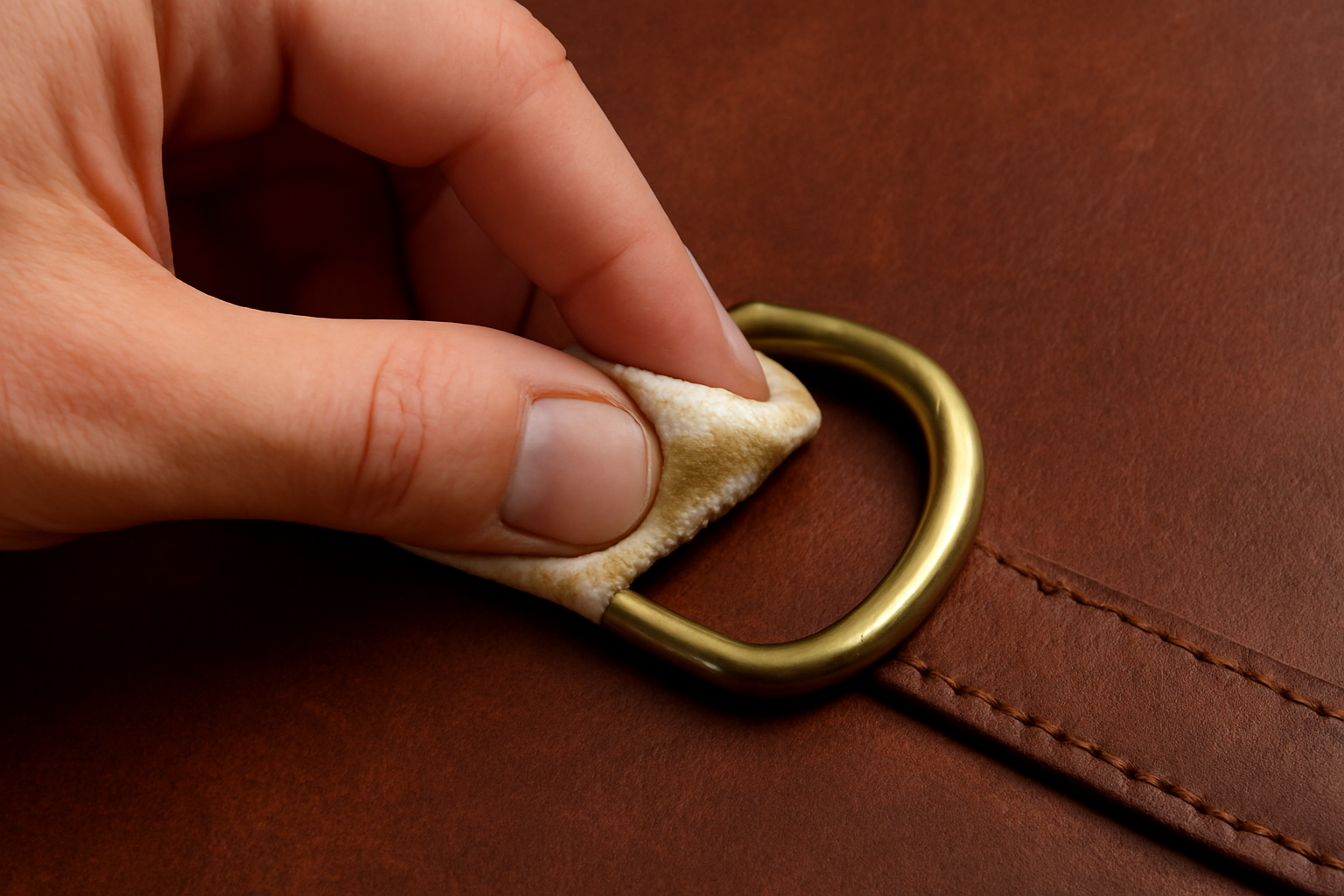 main frottant doucement une boucle métallique sur cuir