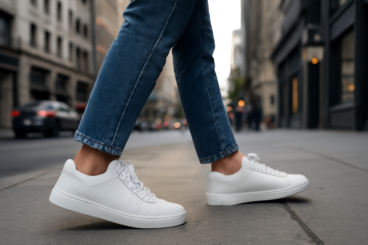 personne marchant en baskets blanches en ville