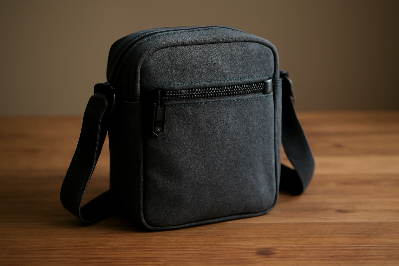 sac compact pose sur table en bois