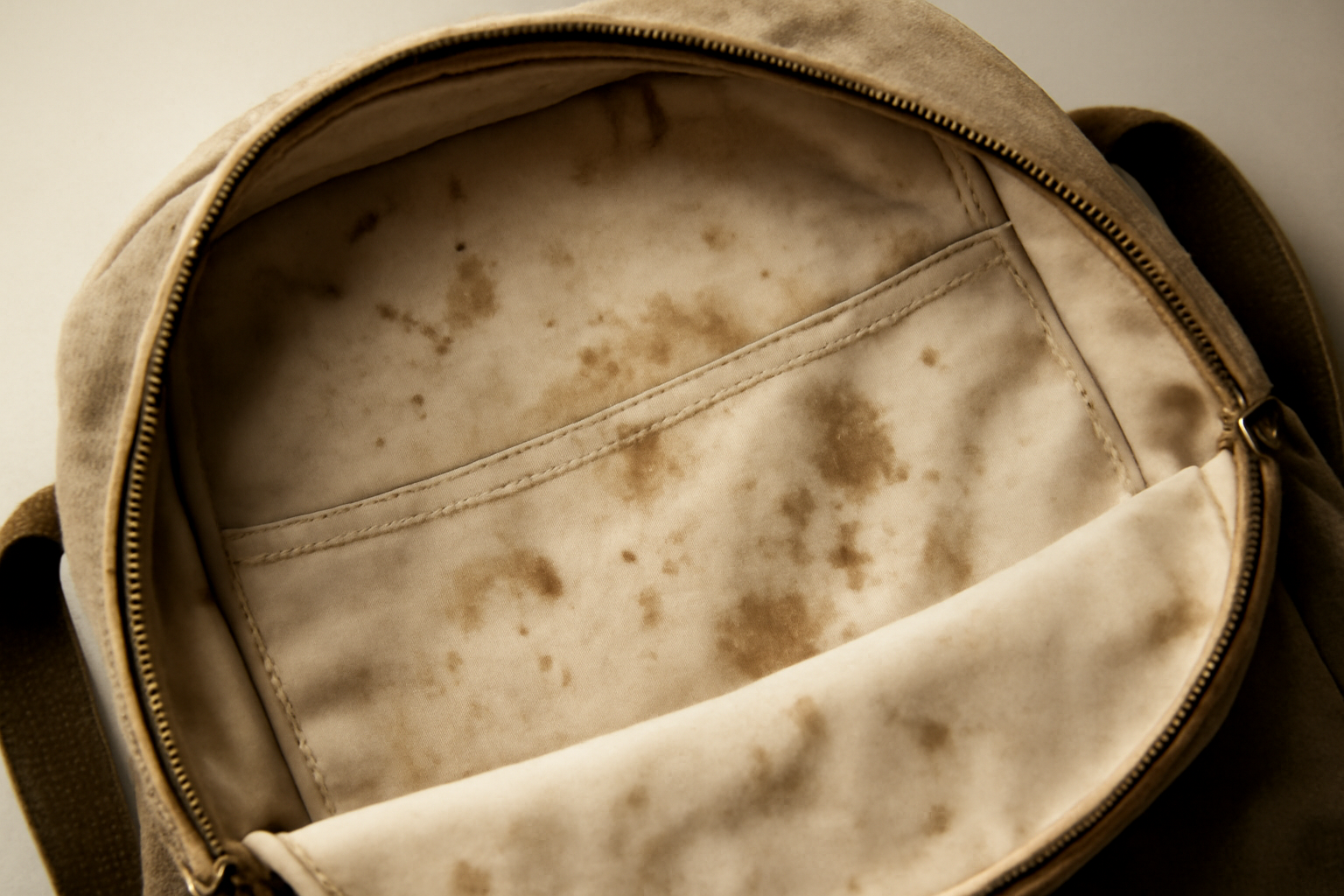 doublure interne tachee visible sur sac ouvert