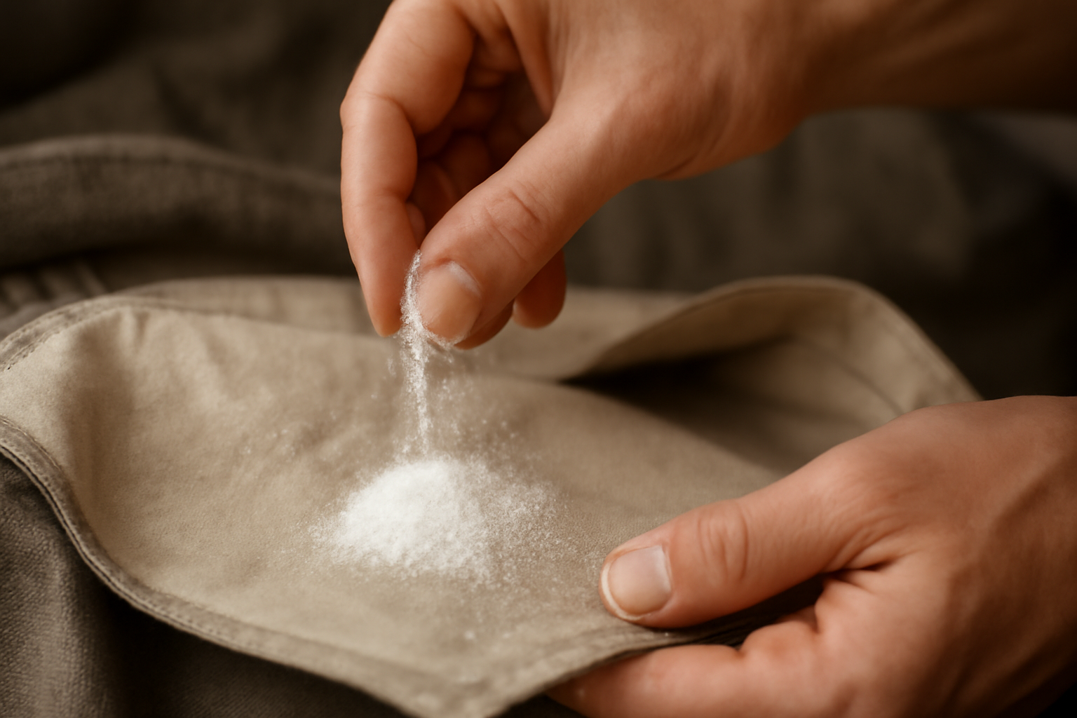 mains saupoudrant un produit naturel près d'une doublure