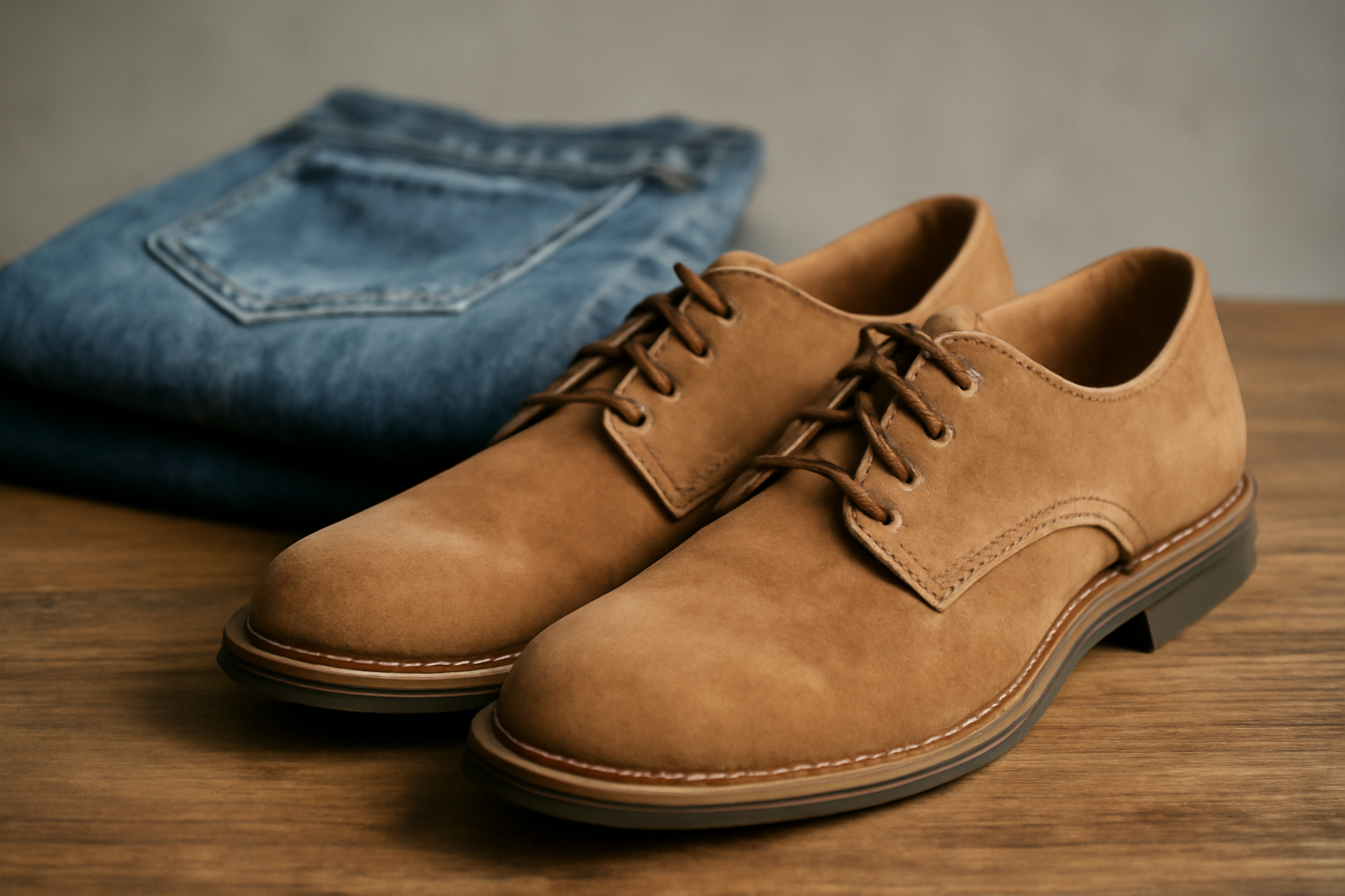 paire de chaussures posée devant un jean plié