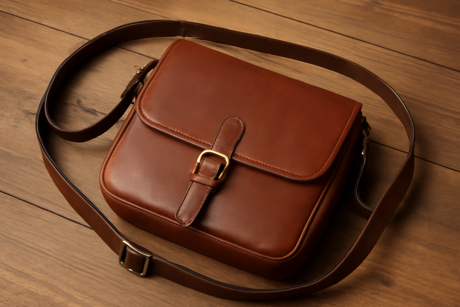 bandoulière cuir posée sur table en bois