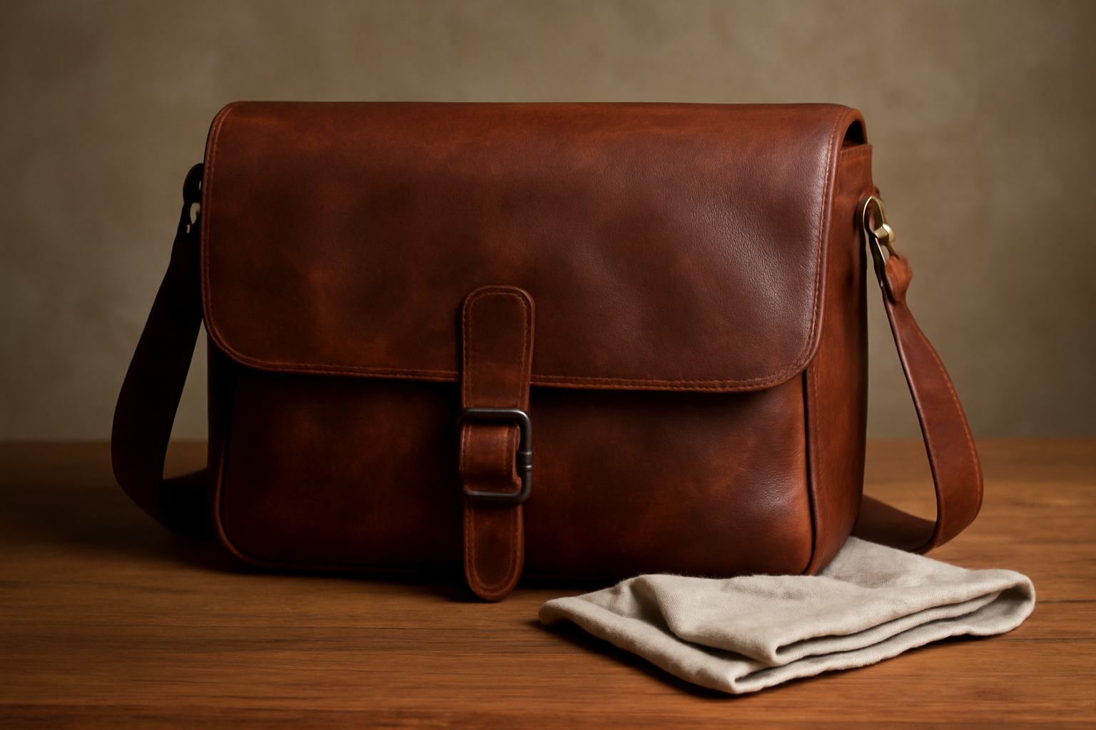 sac en cuir pose sur table avec chiffon