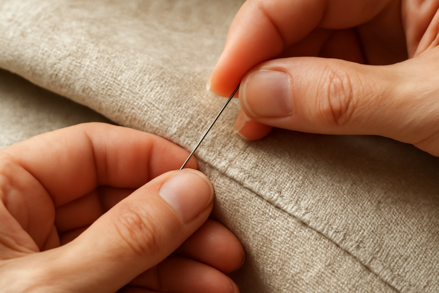 couture main détaillée sur tissu épais