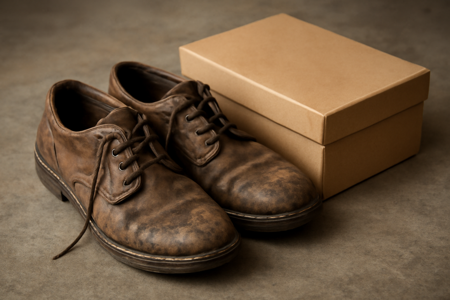 chaussures usees posees pres d'une boite