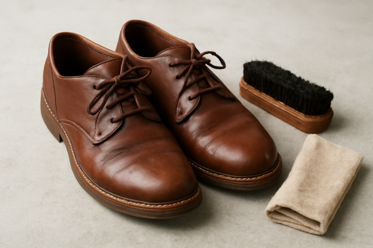 chaussures disposées près d'une brosse et d'un chiffon