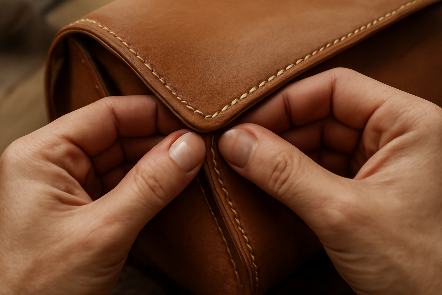 main inspectant les coutures d'un sac artisanal