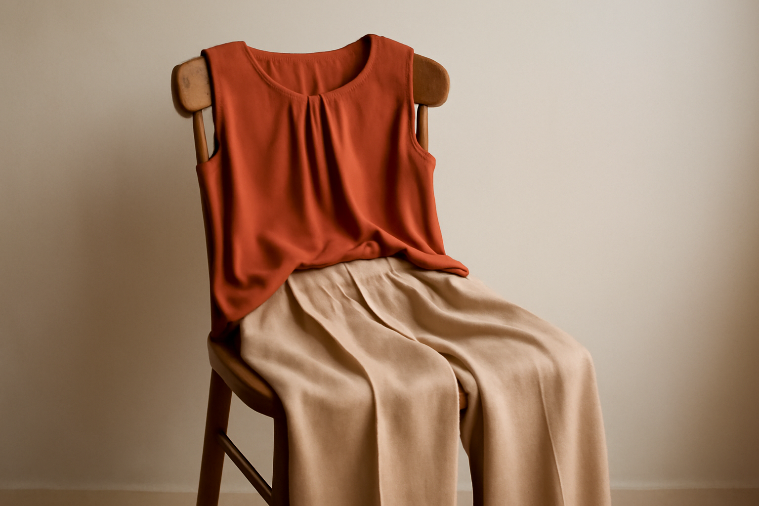top fluide posé au-dessus d'un pantalon large sur une chaise